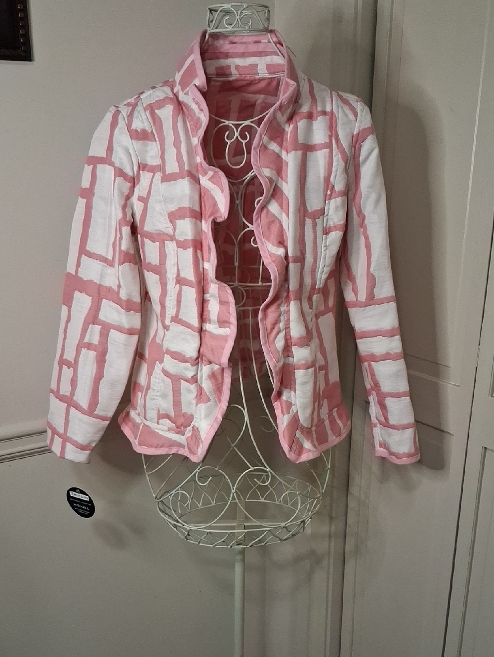 Pink & White Patterned Ruffle Blazer